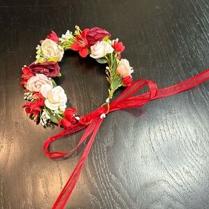 red  faux Floral Headband with Ribbon- rave bohemian wedding